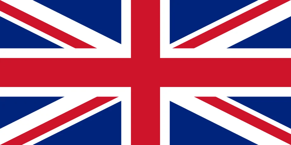 La bandera del Reino Unido — la Union Jack: las cruces combinadas de san Jorge, san Andrés y san Patricio en rojo, blanco y azul.