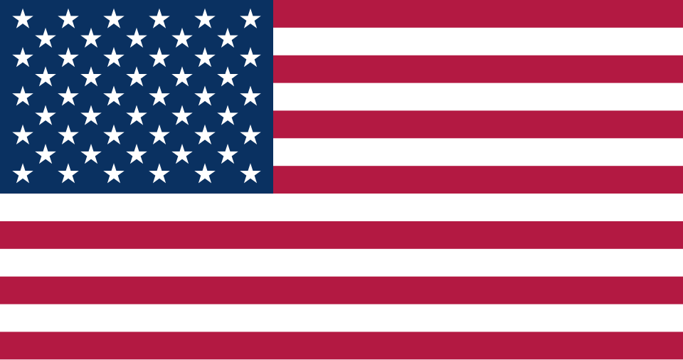 La bandera de los Estados Unidos de América: 50 estrellas blancas sobre campo azul y 13 franjas rojas y blancas.